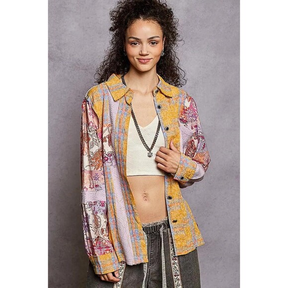 POL Printed Button Down Long Sleeve Exposed Seam Shirt - Picture 1 of 8